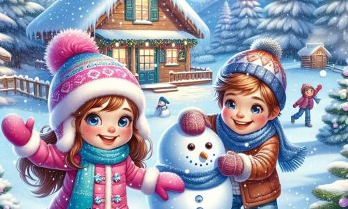 Una niña de 11 años, Valeria, está en el centro de la escena, sonriendo ampliamente. Tiene el cabello largo y castaño, un abrigo rosa brillante, un gorro colorido y guantes de nieve, y está construyendo un muñeco de nieve, con los brazos levantados en señal de alegría. A su derecha, su hermano Lucas, de 14 años, con cabello castaño y un abrigo azul, lanza una bola de nieve riendo, con las mejillas sonrojadas por el frío. Al fondo, la cabaña de madera está rodeada de altos abetos cubiertos de nieve brillante, y el cielo es de un azul intenso, salpicado de copos de nieve que caen suavemente. La escena representa un momento de felicidad y diversión, donde Valeria y Lucas disfrutan juntos en un paisaje invernal encantador, creando recuerdos inolvidables.