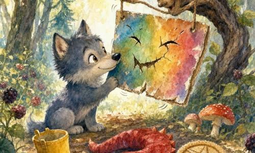 Die Hauptfigur ist der kleine Wolf Wilo mit weichem grau-blauem Fell, runden glänzenden Augen und neugierigem Lächeln; er schnuppert und berührt mit der Nase ein buntes, fast lebendiges Kartonschild mit rissigen Buchstaben, das wie lachend an einer knorrigen Baumzweig hängt, dessen braune Rinde geschnitzte Augen und ein schelmisches Lächeln hat; vor Wilo liegen drei wegweisende Gegenstände: ein quietschender gelber Gummistiefel, eine zusammengerollte rote Drachenschwanz-Stoffbahn und ein kompassförmiger Keks mit Zuckerstücken, die in drei Richtungen zeigen; Ort: eine Waldlichtung hinter einer Brombeerhecke mit Laubboden, bunten Pilzen und goldenen Lichtflecken; Szene: Wilo zögernd lächelnd, das lachende Schild berührend, spielerische Stimmung, lebhafte Farben, Bleistift- und Aquarelltexturen und kleine Bewegungsspritzer.