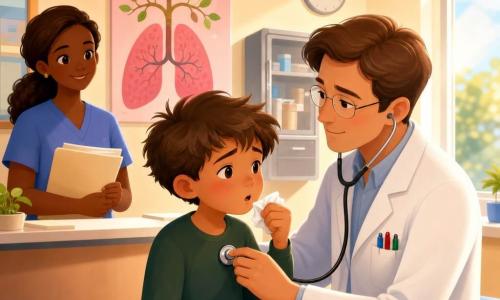 A calm, benevolent doctor with fine glasses and neat brown hair in a white coat listens attentively with a stethoscope to the chest of a coughing boy (Theo, ~9–10) with a round flushed face and tousled brown hair, sitting on a blue exam table and holding a crumpled tissue; a smiling nurse (Lina, ~30) with a brown ponytail stands behind the reception counter holding files; the small bright clinic has cream walls, colorful educational posters (including a pink lungs-as-tree poster), a metal bandage cabinet, a round exam lamp, and a wall clock, with warm colors, soft textures and muted light from a window on the right.