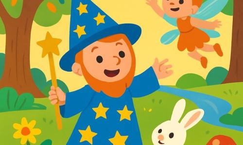 Ein Mann, der freundliche Zauberer Finn, steht inmitten einer sonnigen Lichtung mit einem großen, fröhlichen Lächeln im Gesicht. Er trägt einen leuchtend blauen Zaubererumhang, der mit goldenen Sternen verziert ist, und hält einen prächtigen, funkelnden goldenen Stab. An seiner Seite schaut ein kleiner weißer Hase mit leuchtenden Augen, namens Léo, neugierig zu Finn, seine großen Ohren aufgerichtet. In einer Ecke der Lichtung fliegt eine kleine Fee mit schimmernden Flügeln, etwa 8 Jahre alt, um Finn herum und wedelt begeistert mit ihren Armen. Der Ort ist ein verzauberter, magischer Wald mit knorrigen Baumstämmen und bunten Blättern, während leuchtende Blumen und riesige Pilze den Boden bedecken. Im Hintergrund glitzert ein Bach in der Sonne und verleiht der Szene einen Hauch von Magie. Die Hauptsituation zeigt Finn und seine Freunde, die den Weg suchen, um den verschwundenen Regenbogen wiederzufinden, mit Ausdrücken von Aufregung und Entschlossenheit auf ihren Gesichtern.