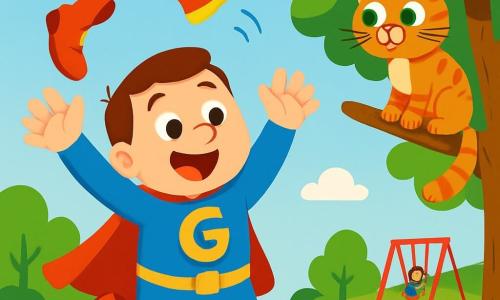 Gigetto è un uomo con un costume da supereroe blu brillante, adornato con una grande "G" dorata sul petto. Ha un ampio sorriso gioioso e occhi scintillanti di eccitazione. Sta saltando con entusiasmo, le braccia alzate verso il cielo, pronto a far volare le sue scarpe. Il gatto è un piccolo felino a strisce arancioni e bianche, con grandi occhi verdi brillanti. È appollaiato su un ramo d'albero, guardando Gigetto con curiosità, le zampe anteriori sospese nel vuoto. La scena si svolge in un parco soleggiato, con alberi frondosi, fiori colorati e un cielo blu punteggiato di nuvole soffici. In lontananza, si vedono bambini che giocano su un'altalena. In questa situazione principale, Gigetto cerca di salvare il gatto bloccato nell'albero usando le sue scarpe volanti, ma queste si alzano in aria, lasciando Gigetto divertito e un po' perplesso.