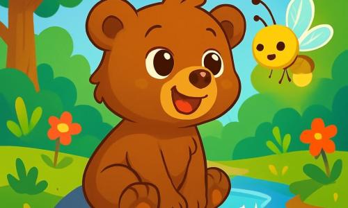 Un piccolo orso bruno di nome Orsofiore, con occhi scintillanti di curiosità e un sorriso dolce, è seduto su una pietra liscia accanto a un ruscello scintillante. Osserva meravigliato i riflessi del sole nell'acqua, il suo pelo è setoso e ha un'espressione di gioia e stupore. Accanto a lui, una piccola lucciola luminosa, con ali delicate e scintillanti, vola intorno a lui, illuminando la scena con la sua dolce luce dorata. Sullo sfondo, una foresta lussureggiante si estende, con alberi maestosi e foglie verdi vibranti. Il cielo è di un blu splendente, punteggiato da nuvole bianche e soffici. La scena principale mostra Orsofiore che scopre la bellezza del suo ambiente, incantato dalla luce della lucciola e dal mormorio rassicurante del ruscello, illustrando la magia della semplicità della natura.
