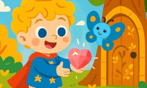 Un principe dai capelli biondi e ricci, di circa 7 anni, con grandi occhi brillanti e un sorriso gioioso, si trova davanti a una porta magica, con le mani tese verso un cuore di cristallo scintillante. Indossa una tunica blu decorata con stelle dorate e pantaloni bianchi. Accanto a lui, una piccola farfalla dalle ali blu vivace, con motivi dorati, vola gioiosamente attorno a lui, incoraggiandolo con un sorriso amichevole. Il decor è un giardino incantevole, pieno di fiori colorati dai petali brillanti, alberi con foglie dorate e un cielo blu chiaro punteggiato di nuvole bianche e soffici. La porta magica, piccola e decorata con motivi floreali, è incastonata in un grande albero maestoso. La situazione principale mostra il principe, meravigliato e curioso, pronto a scoprire il regno segreto dietro la porta, mentre la farfalla lo incoraggia con entusiasmo, illuminando l'atmosfera di magia e avventura.