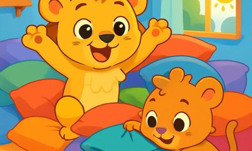 Un leoncino dorato, Leo, con grandi occhi scintillanti e un sorriso malizioso, è seduto in mezzo a una montagna di cuscini colorati, sollevando le zampe in aria con eccitazione. Accanto a lui, sua sorella Emma, un adorabile leoncino dai peli morbidi e lucenti, con un naso rosa e occhi rotondi pieni di curiosità, cerca sotto un cuscino, con aria determinata e gioiosa. La scena si svolge in una cameretta accogliente, con pareti dipinte di azzurro, giocattoli sparsi sul pavimento e raggi di sole che filtrano da una finestra, illuminando la stanza. I due personaggi stanno cantando insieme, sperando di far riapparire un calzino magico scomparso, creando un'atmosfera di gioia e avventura nel loro rifugio segreto.