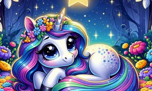 O unicornă majestuoasă, numită Lila, se odihnește pe un covor de petale multicolore, cu ochii mari strălucind de uimire și serenitate. Coama ei sclipitoare, în nuanțe de albastru și violet, flutură ușor în briza nocturnă, în timp ce inspiră adânc, savurând pacea din jur. Deasupra, o stea luminoasă, cu raze aurii strălucitoare, strălucește ca o gardiană blândă, emanând o lumină caldă și liniștitoare. Scena se desfășoară într-o grădină secretă grațioasă, unde flori vibrante dansează sub lumina lunii, iar copacii cu frunze argintii creează o atmosferă magică și liniștită. Lila se lasă purtată de dulceața momentului, pregătindu-se să se cufunde într-un somn pașnic, înconjurată de frumusețea naturii și lumina reconfortantă a stelei.