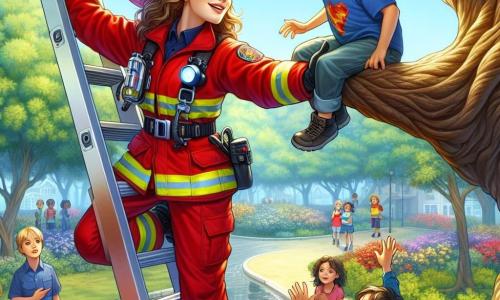 Eine mutige Feuerwehrfrau, Lisa, steht auf einer Rettungsleiter, ihr Gesicht strahlt Entschlossenheit und Freundlichkeit aus. Sie trägt eine leuchtend rote Uniform, einen glänzenden Feuerwehrhelm und schwarze Handschuhe, während sie ihre Hand zu einem kleinen Jungen ausstreckt, der auf einem Ast sitzt und besorgt schaut. Der etwa 6-jährige Junge hat unordentliche braune Haare und trägt ein blaues T-Shirt mit einem Superhelden-Motiv. Er sieht Lisa hoffnungsvoll an, bereit hinunterzukommen. In der Nähe beobachtet eine Gruppe von vier Kindern im Alter von 5 bis 8 Jahren die Szene mit bewundernden und aufgeregten Gesichtsausdrücken, einige winken, um den Jungen zum Hinunterkommen zu ermutigen. Die Szene spielt in einem grünen Park mit majestätischen Bäumen, bunten Blumen am Wegesrand und einem strahlend blauen Himmel. Auf dem Boden spielen Kinder mit Spielzeugen und Ballons, was eine fröhliche und lebhafte Atmosphäre schafft. Die Hauptsituation zeigt Lisa, die Feuerwehrfrau, die den kleinen Jungen vom Ast eines Baumes rettet und dabei Mut und Solidarität verkörpert, während die anderen Kinder sie begeistert anfeuern.