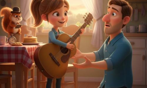 A radiant 10-year-old girl with light chestnut pigtails and glittery red sneakers holds a dusty guitar to her chest, offering it as a Father's Day gift to her kneeling, surprised and moved 38-year-old father with a gentle face, stubble and a casual blue shirt, while a small costumed red squirrel called Sir Nutters perches on a chair back with a tiny bowler hat and notebook; the warm, sunlit kitchen with a light wood table, red checkered cloth, a sparkling cookie, steaming pancakes and a coffee cup creates a tender, joyful scene bathed in golden sunset light and soft textures.