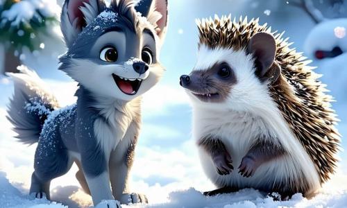 Un piccolo lupo di nome Lupoletto, con un morbido pelo grigio e occhi brillanti di curiosità, salta felicemente nella neve scintillante. A destra, un saggio riccio con spine luccicanti osserva Lupoletto con orgoglio, tenendo una piccola noce tra le zampe. A sinistra, una volpe rossa dal pelo vivace, con occhi maliziosi, si prepara a mostrargli un tesoro nascosto sotto la neve, sorridendo in modo complice. La scena si svolge in una foresta incantata, con grandi alberi maestosi coperti di neve e fiocchi che cadono dolcemente dal cielo blu. Lupoletto, circondato dai suoi amici, scopre un tesoro di cibo nascosto sotto la neve, celebrando la loro amicizia e le lezioni apprese sulla sopravvivenza in inverno, in un'atmosfera gioiosa e magica.