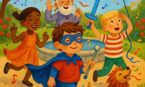 A joyful short parade circles a stone fountain in a sunny public garden with green lawn, red rosebeds and colorful paper lanterns: a happy 6-year-old boy with a round face, rosy cheeks, tousled chestnut hair, wearing a blueberry-blue cape and small star mask, holding a silver parade baton and marching forward; to his left a ~7-year-old 
