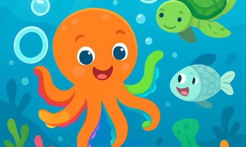 Ein kleiner Oktopus namens Otto, mit vibrierenden und bunten Armen, schwimmt fröhlich in kristallklarem Wasser, seine Augen strahlen vor Neugier und Freude. Er erzeugt glitzernde Blasen um sich herum und zeigt ein großes Lächeln auf seinem runden, freundlichen Gesicht. In der Nähe beobachtet ein kleiner Fisch namens Finn, mit silbernen Schuppen, begeistert mit weit aufgerissenen Augen und offenem Mund. Eine sanfte Schildkröte namens Tila, mit einem grünen Panzer, der mit goldenen Mustern verziert ist, schwebt friedlich, mit einem ruhigen und ermutigenden Ausdruck, bereit Otto zu helfen. Die Kulisse ist eine wunderschöne Unterwasserbucht, gefüllt mit bunten Korallen, tanzenden Wasserpflanzen und Lichtstrahlen, die durch die Wasseroberfläche filtern und ein zauberhaftes Schauspiel schaffen. In dieser Szene erfindet Otto ein lustiges Spiel mit Blasen und Meeresringen, während die anderen Meeresbewohner ihn anfeuern und das Wasser mit Lachen und Freude füllen.