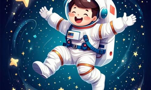 An astronaut named Sam, with a big smile and sparkling eyes, wears a shiny spacesuit and helmet. He joyfully floats in space with his arms open, surrounded by twinkling stars. Nearby, a friendly alien named Zog, resembling a small green creature with large round eyes and antennas, smiles and waves. Zog is spinning in space, showing his enthusiasm. The backdrop is a vast black space dotted with bright stars and colorful planets, with a large, bright sun in the background. The main scene shows Sam and Zog playing together, floating in the vastness of space, surrounded by vividly colored planets and shooting comets, sharing a moment of joy and friendship.