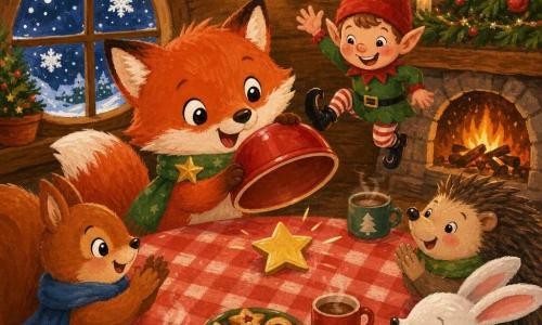 A small round red fox, joyful and focused with bright eyes and a fluffy tail, wears a green scarf with a gold star sticker and lifts a red bowl on a wooden table to show the sticker he found; a mischievous Christmas elf with a pointed red hat, shiny boots and rosy cheeks jumps on the table behind him waving; a lively squirrel with a blue scarf, a white bunny with a yellow scarf and a round hedgehog with a small green scarf sit smiling and applauding around the table; cozy wooden den interior with a red-check tablecloth, steaming cups, plates of cookies, garlands and baubles, a crackling fireplace and a round window with large falling snowflakes; warm gouache-textured palette and soft shiny atmosphere capturing the playful moment.