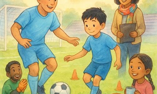 A smiling, kind professional footballer with short brown hair and a round face in a sky-blue jersey gently passes with the inside of his foot to a shy-faced 11-year-old boy, Jiro, with short black hair preparing to shoot, standing slightly ahead and to the right; coach Mina (~35) with a colorful scarf and clipboard stands on the sideline smiling and encouraging, goalkeeper Bruno (~28) wearing colorful gloves crouches by the left goal applauding playfully, a nine-year-old freckled boy with a large notebook sits on the grass front right with wide eyes and an open sketchbook, a curious eight-year-old girl with braids sits beside him holding a cup of cocoa. The setting is a small training stadium with glossy green turf, clean white lines, orange cones, an empty gray stand and a soft pastel sky with warm sun rays; the scene conveys sharing, kindness, teamwork and a warm sporting atmosphere.