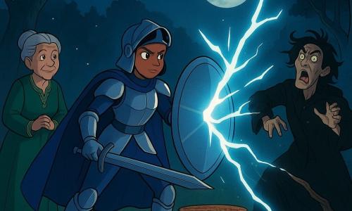 A young female knight stands center, brave and focused with a determined face, gleaming silver armor with midnight-blue highlights, a mid-length heavy cape and a partially raised helmet, angling a polished large shield that reflects a bolt of lightning; to the left, an elderly woman named Marda (about 70), small and stooped with gray hair in a bun, wearing an emerald green embroidered robe, stands near the stone altar with hands clasped and a proud, reassuring gaze; to the right a twisted male sorcerer (about 45) in a torn black coat with glowing green eyes and a cracked staff is struck by the reflected lightning and thrown back; on the low stone altar three large dark wooden drums covered in thousands of small red-and-gold sigils rest on a mossy base; the scene is a nighttime glade ringed by tall twisted yews, the mossy ground silvered by moonlight with floating yellow fireflies, a magical dynamic atmosphere showing the knight redirecting lightning to shatter the sorcerer’s staff and protect the sacred drums, triangular composition, dramatic lightning captured in sharp luminous streaks and a palette of cool blues, emerald greens and warm golds and reds.
