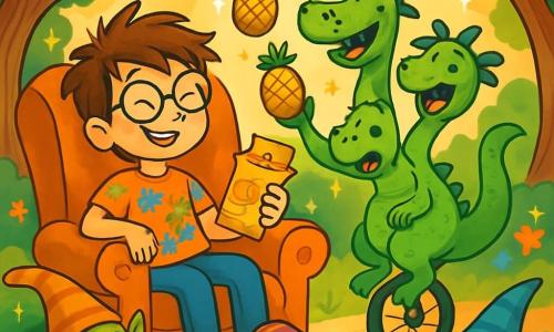 A 10-year-old boy, Timmy Tumble, sits in a comfy La-Z-Boy chair with a mischievous smile on his face. He has messy brown hair, round glasses, and wears a colorful t-shirt with dragon patterns. He holds a snack pack in one hand, ready to share. Next to him, Dilly, a green three-headed dragon, juggles pineapples while balancing on a unicycle. Each head has a different expression: one is joyful, another is puzzled, and the last is laughing. The setting is an enchanted clearing surrounded by oddly shaped trees and colorful flowers that seem to dance to a cheerful melody. Sparkles of light shimmer in the air, adding a magical touch to the environment. The main scene shows Timmy and Dilly sharing laughs and snacks, while mischievous goblins in silly hats surround them, laughing and waiting for a joke from Timmy. The atmosphere is joyful and lively, capturing the spirit of a humorous and fantastical adventure.