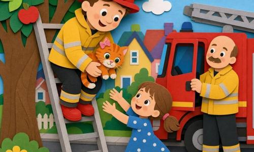 A tall, smiling, kind firefighter with a round face and fair skin wears a large red helmet, shiny red boots and a yellow jacket with reflective stripes as he climbs down a ladder gently carrying a small kitten; a little 5-year-old girl with brown pigtails and a blue polka-dot dress stands at the base of the tree with arms outstretched and a hopeful, radiant face ready to take the cat; another firefighter, bald with a small mustache, stands near the shiny red fire truck with his hand on the open door, looking proud and attentive; the kitten is a female orange tabby with big bright eyes and soft fur, mewing then calming against the firefighter; the scene is a sunny neighborhood street with a large leafy apple tree, gray sidewalk, colorful houses in the background and the red fire truck parked nearby, creating a warm, reassuring atmosphere.