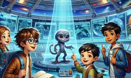 Quatro personagens principais estão na Base Alpha: Lucas, um garoto de 10 anos com cabelos castanhos bagunçados e óculos redondos, observa com admiração uma criatura extraterrestre; Sofia, uma menina de 9 anos com cabelos loiros trançados, sorri segurando um pequeno aparelho de comunicação; Tiago, um garoto de 11 anos com cabelos negros e sardas, aponta para um holograma de um tigre; e Clara, uma menina de 10 anos com cabelos castanhos e cacheados, faz anotações em um caderno, com os olhos brilhando de excitação. A Base Alpha é uma estação espacial futurista flutuando no espaço, com grandes janelas de vidro transparente que oferecem uma vista deslumbrante de estrelas cintilantes e nebulosas coloridas. Os quatro amigos estão recebendo extraterrestres amistosos, com pele azulada e olhos brilhantes, que acabaram de pousar em sua nave espacial. As crianças e os extraterrestres trocam sorrisos, ilustrando um encontro alegre e cheio de curiosidade, simbolizando a amizade intergaláctica.