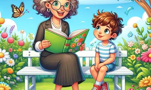 Uma professora sorridente, Lúcia, uma mulher de meia-idade com cabelos cacheados e óculos redondos, está sentada em um banco de jardim, cercada por flores coloridas. Ela tem um olhar caloroso e alegre, segurando um livro ilustrado nas mãos. Ao lado dela, Pedro, um menino de 8 anos com cabelos castanhos bagunçados e uma camiseta listrada, a escuta atentamente, com os olhos brilhando de curiosidade. O jardim está cheio de flores vibrantes, com borboletas voando ao redor e um céu azul claro ao fundo. Árvores verdes se erguem, criando uma atmosfera pacífica e acolhedora. Lúcia conta uma história cativante para Pedro, que está sentado de pernas cruzadas na grama, ouvindo com admiração, enquanto o sol brilha suavemente, iluminando seu momento de compartilhamento.
