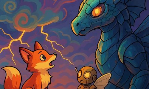 No centro da imagem, uma pequena raposa chamada Sable, com pelagem cobre brilhante e olhos curiosos, observa com determinação um grande Sopro-Primal, uma criatura meio máquina, meio animal, com escamas iridescentes e asas de metal brilhante. Sable está em uma pedra lisa, coração acelerado, pronto para cantar e restaurar a harmonia perdida. Ao lado dele, Bruma, um pequeno autômato de latão, com engrenagens visíveis e asas de tecido, observa com esperança, seus olhos refletindo a luz do céu turbulento. O cenário é um Anel de Tempestade, uma paisagem fantástica com nuvens em espiral coloridas e relâmpagos iluminando o céu escuro, criando uma atmosfera mágica e misteriosa. A cena mostra Sable cantando com paixão, cercado por melodias vibrantes, enquanto o Sopro-Primal, ferido mas atento, escuta cuidadosamente, pronto para receber a nota perdida que restaurará o equilíbrio do mundo.