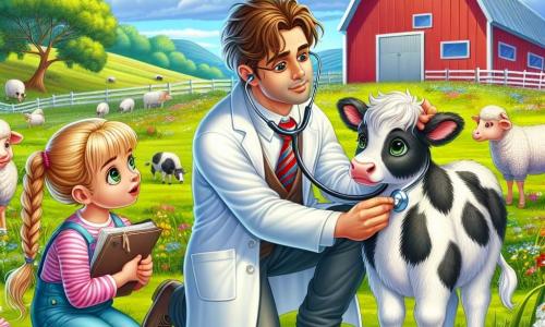 Un veterinar bărbat, zâmbitor și binevoitor, de aproximativ 35 de ani, cu părul brun dezordonat și un halat alb, examinează o vacă cu blană alb-negru, Lili, într-o fermă însorită. Este așezat în genunchi, ținând un stetoscop la inima animalului, cu o expresie de concentrare și blândețe pe față. Lângă el, o fetiță de 8 ani, Maria, cu părul blond împletit și purtând un halat mic de veterinar, observă cu curiozitate, ținând un carnet de notițe. Un băiat de 10 ani, Vlad, cu ochii verzi strălucitori, stă puțin mai în spate, ținând un creion și privind cu admirație scena. Ferma este înconjurată de câmpuri verzi, cu flori colorate și un cer albastru presărat cu nori albi pufoși. În fundal, se vede o magazie roșie și animale pașnice, cum ar fi găini și oi, adăugând o notă de viață mediului. Situația principală arată veterinarul având grijă de Lili, ilustrând importanța iubirii și răbdării în îngrijirea animalelor.