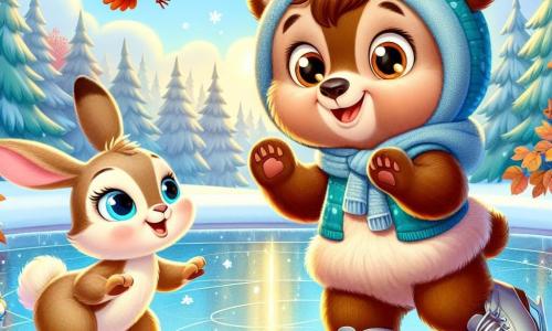 Un pequeño oso marrón llamado Bruno, con un pelaje suave y ojos brillantes de emoción, patina alegremente sobre una superficie de hielo brillante, con una gran sonrisa en su rostro. A su lado, una elegante liebre llamada Lila, con largas orejas y pelaje beige, lo anima con una mirada orgullosa, sus patas levantadas en señal de aplauso. Un pequeño pájaro colorido llamado Pico, con plumas amarillas y azules, vuela en círculos sobre ellos, mostrando una expresión alegre y cantando palabras de aliento. El escenario es un hermoso lago helado rodeado de majestuosos árboles con hojas de otoño, con copos de nieve cayendo suavemente del cielo azul claro. La escena irradia una atmósfera de alegría y camaradería, mientras Bruno se lanza para realizar un salto audaz, rodeado de sus amigos que lo animan con entusiasmo.