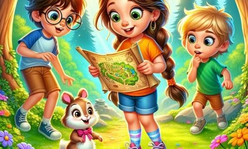 Eine Illustration zeigt ein 7-jähriges Mädchen mit langen, geflochtenen braunen Haaren, das ein buntes T-Shirt und eine Jeansshorts trägt. Sie hält eine alte Schatzkarte, ihre Augen strahlen vor Aufregung und Neugier. Neben ihr steht ein 8-jähriger Junge mit runden Brillen und zerzausten kastanienbraunen Haaren, der die Karte mit einem bewundernden Lächeln betrachtet, seine Hände auf den Hüften. Ein weiterer 7-jähriger Junge mit blonden Haaren und Sommersprossen hockt neben einem Baum und beobachtet eine kleine magische Kreatur mit runden, faszinierenden Augen. Der Hauptort ist eine sonnige Lichtung im Herzen eines dichten Waldes, umgeben von majestätischen Bäumen mit leuchtend grünen Blättern, farbenfrohen Blumen, die den Boden bedecken, und einem alten Steinkeller in der Mitte, wo das Wasser unter den Sonnenstrahlen glitzert. Die Hauptsituation zeigt die drei Kinder, die einen geheimnisvollen alten Brunnen entdecken, umgeben von leuchtenden Blumen, während sie erkennen, dass der wahre Schatz das Abenteuer ist, das sie gemeinsam teilen. Weitere grafische Elemente sind Sonnenstrahlen, die durch die Äste der Bäume filtern, Vögel, die am blauen Himmel singen, und kleine magische Kreaturen, die sich hinter den Blumen verstecken, was dieser Abenteuerszene einen Hauch von Magie verleiht.