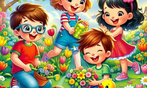 In einem blühenden Garten sind vier Freunde versammelt, um Blumen zu pflanzen. Max, ein 8-jähriger Junge mit braunen Haaren und Brille, hockt neben einem Blumentopf und hält eine kleine Schaufel. Neben ihm gießt Mia, ein 7-jähriges Mädchen mit lockigen blonden Haaren, Wasser aus einer hübschen Entenkanne. Tom, ein 8-jähriger Junge mit braunen Haaren und rotem T-Shirt, steht lächelnd mit einem gelben Blumentopf in der Hand. Schließlich tanzt Emma, ein 6-jähriges Mädchen mit schwarzen Haaren und einem rosa Kleid, fröhlich um sie herum und hält einen bunten Blumenstrauß. Der Garten ist voller leuchtender Blumen: rote Tulpen, gelbe Narzissen und weiße Margeriten, unter einem hellblauen Himmel mit fluffigen Wolken. Ein großer Baum mit üppigem grünem Laub steht im Hintergrund, während ein bunter Schmetterling um die Blumen fliegt. Die Freunde lachen und haben Spaß beim Pflanzen und Gießen der Blumen und schaffen so einen magischen Ort für den Frühling.