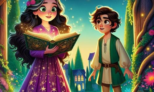 Una giovane apprendista strega, Miriam, di circa 12 anni, si trova al centro di un giardino incantato, con gli occhi brillanti di curiosità ed eccitazione. Ha lunghi capelli ondulati di un nero profondo e indossa un vestito viola decorato con stelle scintillanti. Nelle sue mani tiene un antico libro di magia aperto, le cui pagine sono illuminate da una dolce luce dorata. Accanto a lei, Elio, un ragazzo di 12 anni con capelli castani e occhi vivaci, osserva attentamente il libro. Indossa una tunica verde e pantaloni beige, e il suo volto esprime meraviglia ed entusiasmo. Si tiene leggermente in disparte, pronto a sostenere la sua amica in questa avventura magica. Il giardino è un luogo fiabesco, pieno di fiori colorati dai petali brillanti, grandi alberi dai tronchi nodosi e lucciole che danzano nell'aria crepuscolare, creando un'atmosfera magica. Sullo sfondo, una grande porta di cristallo scintilla, pulsando di energia mistica. Miriam, concentrata e determinata, pronuncia un'incantesimo, mentre una luce splendente emerge dal libro, illuminando il giardino e rivelando un portale misterioso. L'atmosfera è carica di eccitazione e magia, pronta a trascinarli in una nuova avventura.