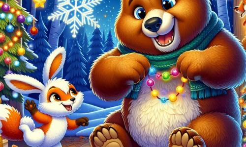 Un grande orso bruno, dal pelo morbido e setoso, sorride felice con gli occhi scintillanti di eccitazione mentre decora la sua tana per la festa di Capodanno. Tiene tra le zampe una ghirlanda colorata, circondato da decorazioni luccicanti. Accanto a lui, una piccola coniglietta bianca dalle grandi orecchie, piena di energia, salta di gioia tenendo una stella brillante tra le zampe, impaziente di vedere il risultato delle decorazioni. Un po' più in là, una volpe astuta, con il pelo arancione vivo e occhi maliziosi, osserva la scena divertita, pronta ad aiutare con i preparativi. Tiene un pacchetto di caramelle nella coda, aggiungendo un tocco di dolcezza all'atmosfera festiva. La scena si svolge in una foresta incantata, con alberi ricoperti di neve scintillante e un cielo blu profondo punteggiato di stelle. La tana dell'orso è caldamente illuminata, con luci colorate che danzano sulle pareti. Gli amici si affaccendano gioiosamente per preparare la festa, riempiendo la tana di risate e colori, mentre lo spirito di Capodanno aleggia nell'aria, promettendo momenti magici a venire.