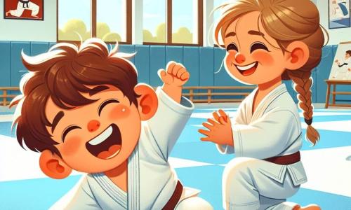 A 2-year-old boy named Max, with messy brown hair and sparkling curious eyes, is joyfully laughing on a judo mat. He is wearing a slightly oversized white judogi, making him even more adorable. Next to him is his best friend Lily, a 3-year-old girl with braided blonde hair and a bright smile, enthusiastically encouraging him. She is also wearing a white judogi and stands ready to help him with open arms. The setting is a bright gym with light blue walls and judo mats on the floor. Posters of judo champions decorate the walls, and a large window lets in sunlight, creating a warm and welcoming atmosphere. The scene shows Max and Lily training together, with Max attempting a judo move while gently falling on the mat, a big smile on his face, as Lily applauds and encourages him to get up.