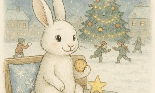 Een klein konijntje met een witte, zachte vacht en nieuwsgierige, glanzende ogen zit op een houten bank bedekt met kussens met sneeuwvlokmotieven. Het glimlacht liefjes en houdt een koekje in zijn poot. Naast hem schittert een klein papieren sterretje zachtjes. Op de achtergrond een groot besneeuwd dorpsplein, verlicht door lichtslingers die aan een grote kerstboom met kleurrijke ballen hangen. Kinderen spelen rond de boom en gooien lachend sneeuwballen. De hemel is bezaaid met heldere sterren en de sneeuw valt zachtjes, wat een sprookjesachtige en vredige sfeer creëert.