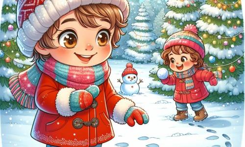 Un ragazzo di 9 anni, Tommaso, con capelli castano chiaro e occhi nocciola pieni di eccitazione, si trova in mezzo a una foresta innevata. Indossa un cappotto rosso vivo, un berretto di lana e guanti spessi, sorridendo meravigliato mentre guarda un piccolo pupazzo di neve che ha appena costruito. Vicino a lui, sua sorella Sofia, di 6 anni, con capelli ricci e guance rosa, si diverte a lanciare palle di neve, ridendo gioiosamente. Indossa un cappotto rosa e una sciarpa colorata, aggiungendo un tocco di allegria alla scena. Il luogo è una foresta magica, con alberi coperti da uno spesso strato di neve scintillante e fiocchi che cadono dolcemente da un cielo azzurro chiaro. Le impronte nella neve conducono a un grande abete decorato con luci e palline colorate, creando un'atmosfera fiabesca. Tommaso e Sofia giocano insieme nella neve, circondati dalla bellezza invernale, condividendo risate e momenti di felicità, illustrando la magia e la gioia dell'inverno.
