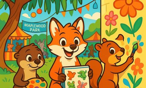 In the center of the image, a young red fox named Felix, with a bright coat and sparkling curious eyes, is sitting under a large weeping willow. He is joyfully smiling, holding an open sketchbook displaying colorful drawings of various animals. To his right, a small squirrel named Priya, with brown fur and bright eyes, is painting a floral pattern on the festival wall, her face radiating enthusiasm. To his left, a young otter named Leo, with soft fur and a shy expression, admires Felix while holding a palette of colors in his paws. The setting is a vibrant festival in Maplewood Park, with stalls decorated with colorful garlands, floating lanterns, and animals of all kinds laughing and dancing around them. The scene captures the moment when Felix and his friends work together on a mural, celebrating diversity and friendship, illustrating the spirit of unity and creativity within their community.