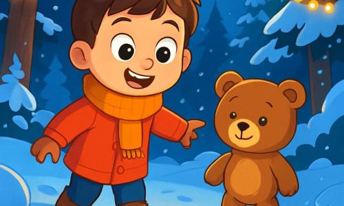 Um garoto de 6 anos, Lucas, com cabelos castanhos e olhos brilhantes de curiosidade, usa um casaco vermelho vivo e um cachecol de lã. Ele está maravilhado, sorrindo amplamente, enquanto segue pegadas brilhantes na neve. Ao seu lado, seu ursinho de pelúcia Tico, um urso marrom com olhos redondos e suaves, parece acompanhá-lo nesta aventura mágica. A cena acontece em uma floresta encantada, onde as árvores estão cobertas de neve cintilante e luzes decoram os galhos. A luz da lua ilumina a paisagem, criando uma atmosfera de conto de fadas. Lucas descobre pegadas luminosas na neve, se perguntando se seu desejo de Natal de compartilhar a alegria com todos os animais da floresta está se realizando.