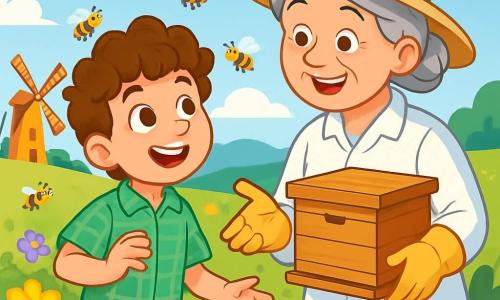 Um jovem, Lucas, de cerca de 10 anos, com cabelos castanhos e cacheados, usa uma camisa xadrez verde e uma calça de lona. Ele tem um sorriso encantado e olhos brilhantes de curiosidade enquanto observa abelhas polinizando flores coloridas em um campo ensolarado. Dona Rita, uma mulher de cinquenta anos, com cabelos grisalhos presos em um coque e um chapéu de palha, está ao seu lado, sorridente, segurando uma colmeia de madeira. Ela veste um jaleco branco e luvas, e ensina Lucas a colher o mel. O local é um vasto campo verdejante, salpicado de flores amarelas e roxas, sob um céu azul claro com algumas nuvens brancas. A cena principal mostra Lucas e Dona Rita descobrindo juntos o mundo das abelhas, cercados pela beleza da natureza, com abelhas voando alegremente ao seu redor, criando uma atmosfera de magia e aprendizado.