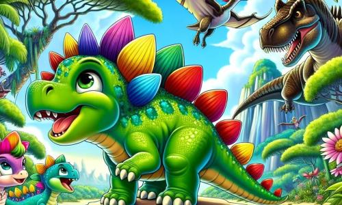 Spike, der Stegosaurus, ist ein junger Dinosaurier mit leuchtend grüner Haut und einem großen Kamm aus bunten Platten auf seinem Rücken. Er steht entschlossen auf einem Felsen, bereit, sein Territorium zu verteidigen. An seiner Seite fliegt Daisy, seine Schwester, ein kleiner rosa Stegosaurus mit funkelnden Augen, in der Luft mit Pterodaktylen und ermutigt sie, ihm zu helfen, während Rocky, sein Bruder, ein leuchtend blauer Stegosaurus, um ihn herumläuft und bereit ist, Fallen aufzustellen. Die Szene spielt sich auf einer geheimnisvollen Insel mit üppiger Vegetation, großen Bäumen mit glänzenden Blättern und bunten Blumen ab, unter einem blauen Himmel mit fluffigen weißen Wolken. In der Ferne nähert sich ein riesiger Tyrannosaurus Rex mit braunen Schuppen und scharfen Zähnen und schafft eine Atmosphäre von Spannung und Aufregung. Spike und seine Freunde vereinen sich, um einen mutigen Plan zu schmieden, um ihr Zuhause vor den herannahenden Gefahren zu schützen.