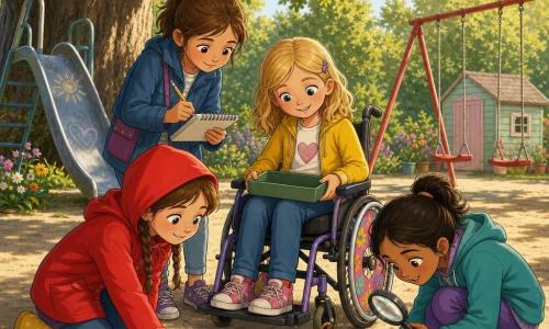 Four girls about 9 years old: Mia kneeling left in a red raincoat with hood tied, tracing white dust with her finger beside a small green chalk box; Zara standing behind her with a notebook on a strap, leaning in to sketch notes with a thin pencil; Lucy in a colorful wheelchair at center-front, smiling and holding an empty chalk box in her lap with a small sticker basket beside it; Noor crouched right, holding a shiny magnifying glass and pointing at a small print near a pink ribbon on the ground. They are at a playground under a large oak: light-colored sandbox sand, a slightly painted metal slide with chalk drawings, red swings, green grass and flower beds, a pastel wooden garden shed in the distance, warm afternoon light and long shadows. The four little investigators are gathered around the green chalk box piecing together clues—white dust, a pink ribbon, chalk drawings—focused, conspiratorial, and joyfully curious.
