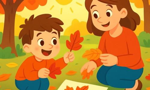 A 4-year-old boy, Max, with messy brown hair and sparkling curious eyes, is crouched in a garden filled with autumn leaves. He is joyfully smiling, holding a large red leaf in his small hands. Next to him, his mom, a woman in her thirties with brown hair and a warm smile, watches him encouragingly while picking up an orange leaf. The garden is an enchanting place, with trees displaying vibrant leaves, sunlight filtering through the branches, and a gentle breeze making the leaves dance on the ground. Max and his mom are creating autumn art together, surrounded by natural treasures: colorful leaves, branches, and a shiny acorn, ready to be glued onto a piece of paper to form an autumn tree.