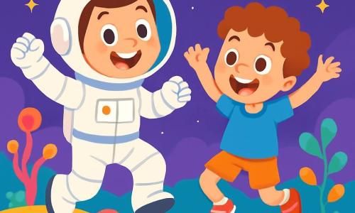 Un astronauta llamado Tomás, con una gran sonrisa y ojos brillantes de emoción, lleva un traje espacial blanco brillante y un casco transparente. Está saltando alegremente sobre un suelo suave y colorido. A su lado, un niño llamado Leo, de unos 7 años, con cabello rizado y ojos curiosos, lleva una camiseta azul y un pantalón corto. Se ríe y también salta, con los brazos levantados, lleno de alegría. El escenario es un planeta fantástico, con un cielo violeta lleno de estrellas brillantes y rocas de colores vivos, como caramelos. Crecen plantas extrañas de formas divertidas y colores llamativos a su alrededor. La situación principal muestra a Tomás y Leo saltando juntos, llenos de felicidad y curiosidad, descubriendo las maravillas de este nuevo planeta.