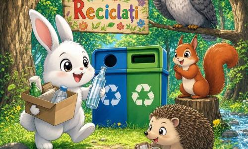 Un iepuraș alb și pufos (personaj principal), cu urechi lungi și ochi sclipitori, zâmbind larg, ține o sticlă de sticlă și o cutie de carton și merge spre coșul de reciclare; o veveriță roșcată tânără, cu ochi vioi, aplaudă de pe o ciot; un arici mic și maro, cu o expresie concentrată și veselă, stă ghemuit lângă potecă ținând un sac de pânză cu hârtii; o bufniță profesoară cu pene gri și ochelari rotunzi stă pe o ramură joasă indicând un panou colorat „Reciclează”; poiana luminoasă cu iarbă verde și flori galbene, un pârâu mic la dreapta și copaci formând un arc deasupra, are în centru un coș de reciclare albastru și verde; situație principală: prietenii din pădure colectează și depozitează deșeuri selectate în coș, atmosferă optimistă, compoziție concentrată pe iepuraș.