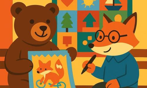 Benji the bear, a brown teddy bear with a warm smile and sparkling eyes, sits on a wooden bench holding a colorful fabric square with fox and bicycle patterns. Next to him, Mr. Harris, an elderly fox with reddish fur and round glasses, gently smiles while holding a marker. They are surrounded by a bright gym decorated with multicolored paper lanterns hanging from the ceiling. In the background, a large patchwork of colorful fabric squares is hung on the wall, each square representing a unique story. The scene exudes an atmosphere of joyful collaboration and mutual respect.