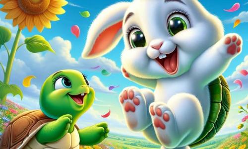Benny the Rabbit, an adorable little character with white fur and big floppy ears, is joyfully jumping in a green field, his face beaming with happiness and excitement. His eyes sparkle with enthusiasm as he leaps into the air, surrounded by colorful flowers. Tilly the Turtle, a friendly character with a green shell and gentle eyes, is right next to Benny, encouraging him with a proud smile. She is raising a paw as if to applaud, her expression showing great pride for her friend. The setting is a vast sunny field dotted with bright wildflowers, with a large golden sunflower swaying gently in the breeze in the background. The sky is a bright blue, scattered with a few fluffy white clouds. The main scene shows Benny performing a spectacular jump, a bit too quick, causing him to spin in the air with a bewildered smile, while flower petals swirl around him, creating a joyful and energetic atmosphere.