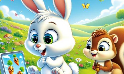 Benny the Rabbit, a small rabbit with bright white fur and sparkling big eyes, is sitting in the green grass, curiously watching a bright screen displaying colorful dancing carrots. He has a look of wonder, with his ears perked up and his little paw raised to touch the screen. Daisy the Squirrel, with her brown fur and fluffy tail, stands next to him, her eyes wide with fascination, holding an acorn in her paws. She smiles enthusiastically and seems ready to jump for joy. The setting is a lush field under a clear blue sky, dotted with colorful flowers and fluttering butterflies, creating a cheerful and sunny atmosphere. In the distance, gentle hills and a majestic tree provide shade. The main scene shows Benny and Daisy captivated by the screen, forgetting the world around them, while other animal friends like Tommy the Turtle and Lily the Sheep curiously approach, intrigued by what they see.