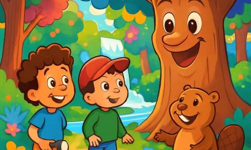 Hay 3 personajes: - Max: un niño de 8 años con cabello rizado y una gran sonrisa. Lleva una camiseta azul y un pantalón corto amarillo, y sostiene una linterna pequeña en su mano. - Leo: un niño de 8 años con ojos brillantes y una gorra roja. Lleva un suéter verde y un pantalón de mezclilla, y mira a su alrededor con curiosidad. - Benny: un castor sonriente, de tamaño mediano, con pelaje marrón y una gran cola plana. Se sostiene sobre sus patas traseras, con una expresión amigable, listo para guiar a sus amigos. Los personajes se encuentran en un claro mágico en el corazón de un bosque encantado. Árboles gigantes con troncos gruesos rodean el lugar, sus hojas brillan de mil colores bajo el sol. En el centro, una cascada reluciente vierte agua clara en un pequeño arroyo, creando destellos de luz. Flores coloridas y cristales brillantes adornan el suelo, añadiendo un toque de magia al entorno. La situación principal de la historia muestra a Max y Leo, maravillados, descubriendo un gran árbol que habla y los recibe con una cálida sonrisa. Están rodeados por la belleza del paisaje, listos para resolver un enigma y descubrir el secreto del bosque encantado.