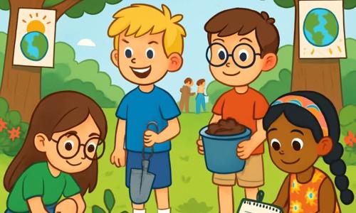 Hay 4 niños: - Marina: una niña de 10 años con cabello largo castaño y gafas redondas, agachada observando una pequeña planta. - Lucas: un niño de 11 años con cabello rubio desordenado y una gran sonrisa, de pie con una pala de plástico, listo para plantar un arbusto. - Sofía: una niña de 9 años con trenzas negras y una diadema colorida, sentada en la hierba dibujando en un cuaderno. - Javier: un niño de 10 años con cabello castaño y gafas, de pie junto a Lucas, sosteniendo un balde lleno de tierra. La escena tiene lugar en un parque verde con árboles majestuosos y flores coloridas. Los niños están plantando arbustos para revitalizar el parque, sonriendo mientras un grupo de vecinos los observa con admiración. Carteles coloridos sobre el cambio climático están colgados en los árboles, añadiendo entusiasmo a la atmósfera.