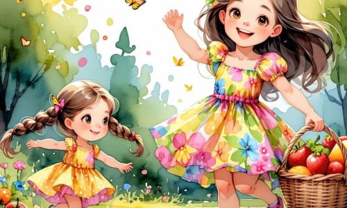 Una ragazza di 10 anni, Sofia, con lunghi capelli castani e occhi brillanti di gioia, indossa un vestito colorato a fiori. Sta saltando di felicità in un parco soleggiato, circondata da fiori vivaci e farfalle che svolazzano intorno a lei. Accanto a lei, Emma, una ragazza di 9 anni con capelli biondi e una treccia, sorride tenendo un cestino pieno di frutta colorata. Marco, un ragazzo di 10 anni con occhiali e capelli castani, sta preparando biscotti su una tovaglia a quadri, mentre Luca, un ragazzo di 9 anni con capelli ricci, ride giocando con un pallone. Il parco è pieno di alberi verdi, fiori multicolori e una dolce luce dorata che filtra tra le foglie. In lontananza, si vedono famiglie riunite per celebrare la bellezza della primavera. La scena principale mostra Sofia e i suoi amici mentre preparano un festival primaverile, decorando il parco con ghirlande di fiori e preparando un picnic gioioso, pieno di risate e colori.