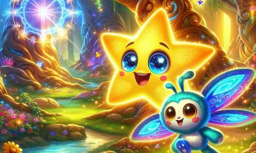 Un piccolo personaggio luminoso a forma di stella, con un volto sorridente e un cuore brillante, fluttua felicemente in una foresta magica. I suoi occhi brillano di eccitazione mentre esplora l'ambiente incantevole. Accanto a lui, una creatura colorata simile a una farfalla, con ali blu elettrico e un corpo peloso, volteggia nell'aria, mostrando curiosità ed entusiasmo. Danza intorno al personaggio principale, pronta a accompagnarlo nell'avventura. Il paesaggio è una foresta lussureggiante, con alberi maestosi dai tronchi contorti e foglie scintillanti illuminate da un sole dorato. Fiori vivaci di tutti i colori coprono il suolo e raggi di luce filtrano tra il fogliame, creando un'atmosfera da favola. La scena principale mostra il personaggio e il suo amico mentre scoprono un misterioso portale scintillante, circondato da rune magiche, che sembra invitarli a entrare in un nuovo mondo di avventure.