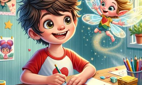 Un ragazzo di 8 anni, di nome Luca, è al centro dell'immagine, con capelli castani disordinati e grandi occhi scintillanti di gioia. Indossa una maglietta rossa con un cuore disegnato sopra e pantaloni corti blu. Luca sta disegnando con entusiasmo delle cartoline di San Valentino su un tavolo di legno, circondato da pastelli e glitter scintillanti. Accanto a lui c'è Gigi, un piccolo elfo dei sogni, con ali trasparenti e capelli dorati che brillano come stelle. Gigi sorride ampiamente, fluttuando leggermente sopra il tavolo, tenendo una piccola scatola dorata tra le mani. Lo sfondo è una cameretta accogliente, con pareti dipinte di azzurro chiaro, poster di cartoni animati appesi e una finestra aperta che lascia entrare un dolce raggio di sole. Cuori di carta decorano la stanza, creando un'atmosfera festiva. La scena principale mostra Luca e Gigi intenti a creare, circondati da colori vivaci e magia, pronti a rendere questa festa di San Valentino un momento indimenticabile per i loro amici.