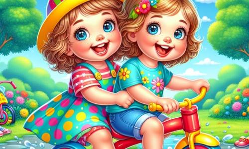 Una niña de 2 años, con grandes ojos brillantes y una sonrisa radiante, está sentada en un triciclo rojo. Lleva un vestido de lunares coloridos y un sombrero amarillo. Se muestra alegre y llena de energía, riendo a carcajadas. A su lado, su hermana gemela, Clara, también de 2 años, está en un triciclo amarillo. Tiene el cabello rizado y lleva una camiseta azul con flores. Ambas se miran con complicidad mientras ríen. El fondo es un parque verde con árboles frondosos y flores coloridas. Un gran cielo azul se extiende sobre ellas, salpicado de nubes blancas. La escena principal muestra a las dos hermanas pedaleando alegremente a través de un gran charco, salpicando agua a su alrededor y creando destellos de agua bajo el sol.