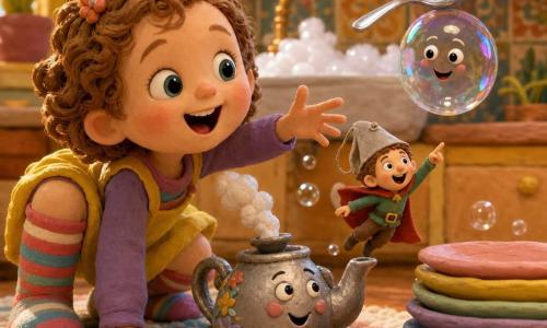 A 2-year-old girl, delighted and wide-eyed, with a round face and short curly light-brown hair and long striped socks, crouches on a soft wool rug and reaches toward a shiny soap bubble wearing a gleaming silver spoon as a hat as it floats above a stack of pastel plates; a tiny magician about an inch tall, with a teabag hat and felt cape, leaps from a small metal teapot and laughs while pointing at the bubble; a round pastel teapot with a painted face steams softly behind the girl on the rug; the warm, colorful kitchen has light wood countertops, retro tile patterns, a sink full of white bubbles and golden light, with playful motion, vivid colors and sculpted clay-like textures.